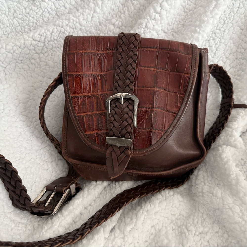 Brighton Brown Croc-Embossed Leather Crossbody with Braided Strap